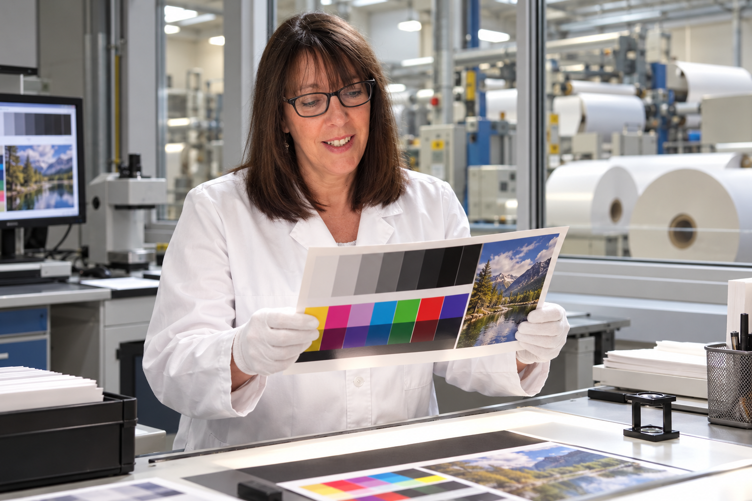Linda checks photographic paper in a factory