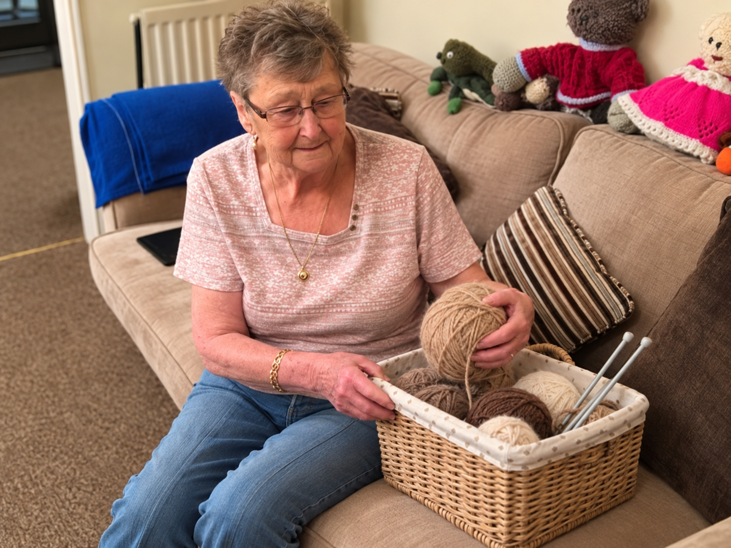 Marjorie knits teddy bears