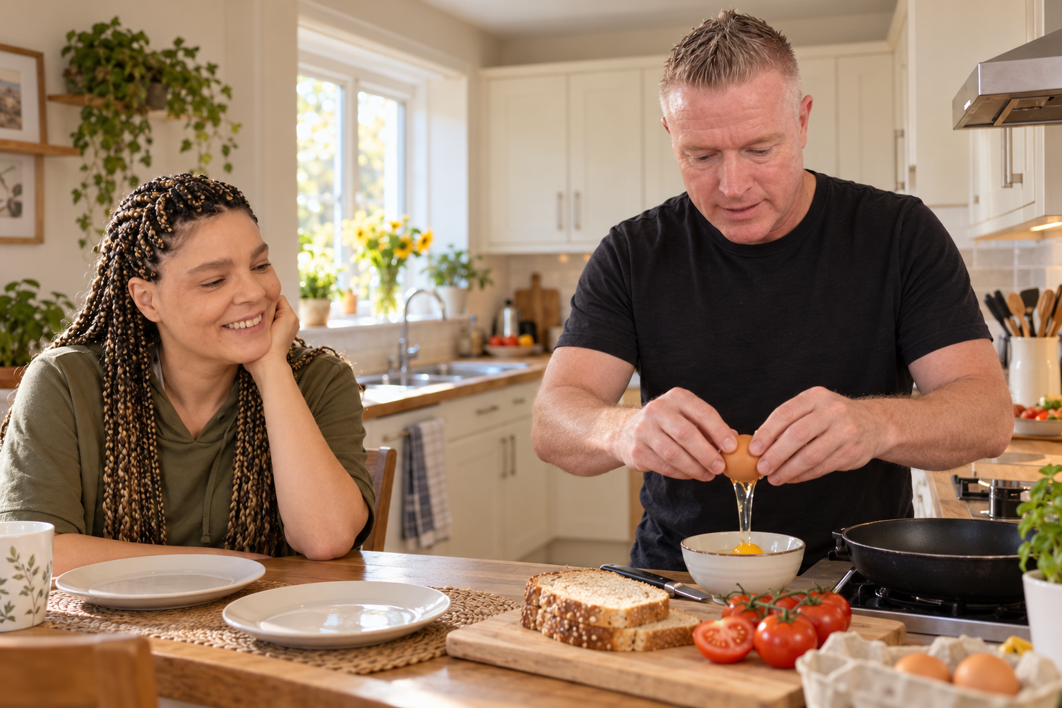 Paul makes breakfast for his wife